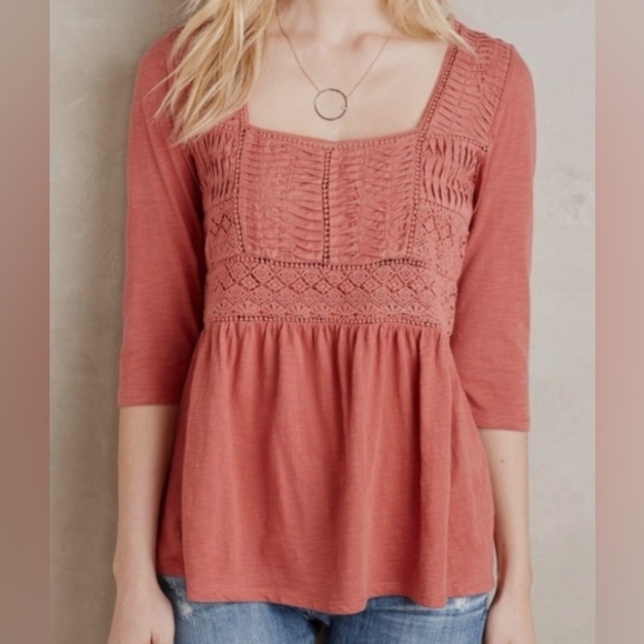 Meadow Rue Tops - Meadow Rue Nosara Babydoll Peplum Peasant Top Pleated Bibbed Eyelet Scallops